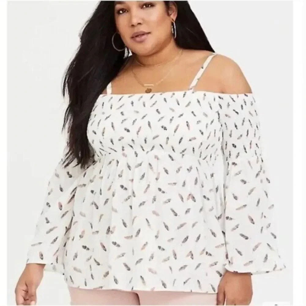Torrid White Feather Print Challis Cold Shoulder Long Sleeve Top 1